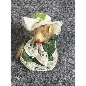 Vintage W Germany Fur Mouse Figurine Irish Bar Maid St Patricks Day Miniature 3"
